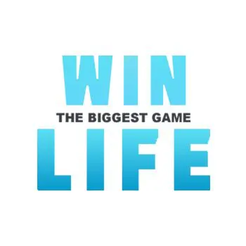 A blue and white logo for the game win life.